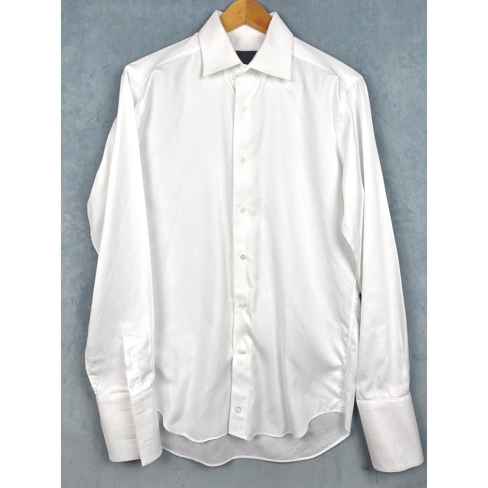 David Donahue Trim Fit White Ribbed French Cuff Dress Shirt Mens 16 34/35